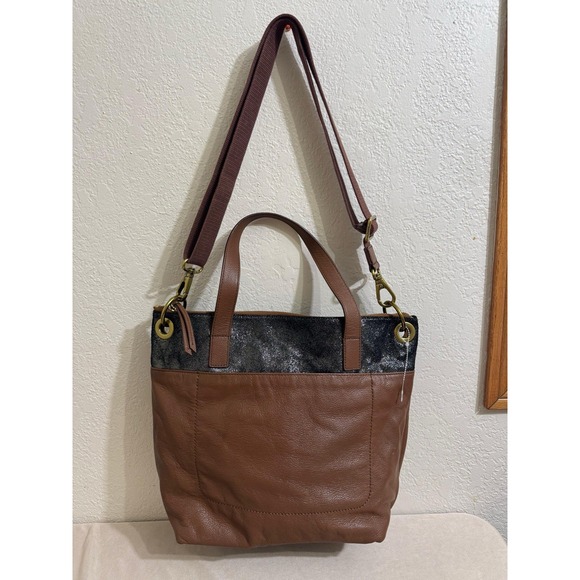 Fossil Handbag Purse Brown Leather Black Glitter - Picture 1 of 11